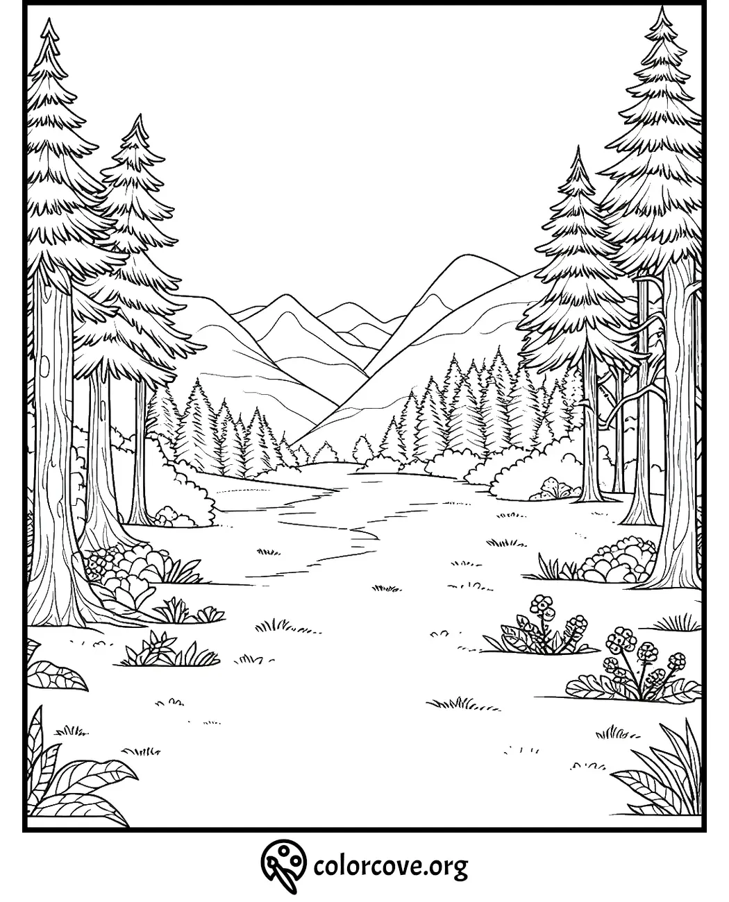 Coloring page of a scenic mountain landscape with tall trees, a winding path, and lush foliage. Ideal for nature lovers.