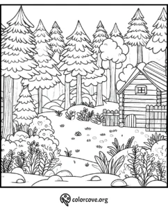 Coloring page of a cozy cabin surrounded by trees and plants in a peaceful forest setting. ColorCove.org logo in view.