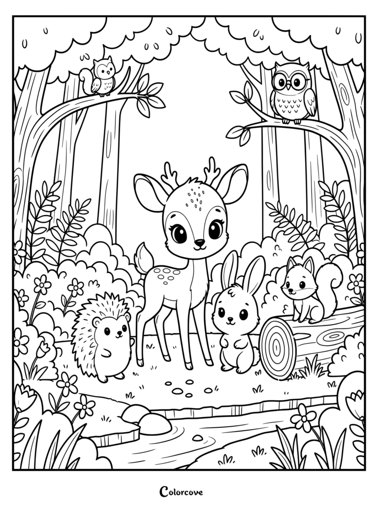 Friendly woodland animals gather together in a sunny forest clearing.