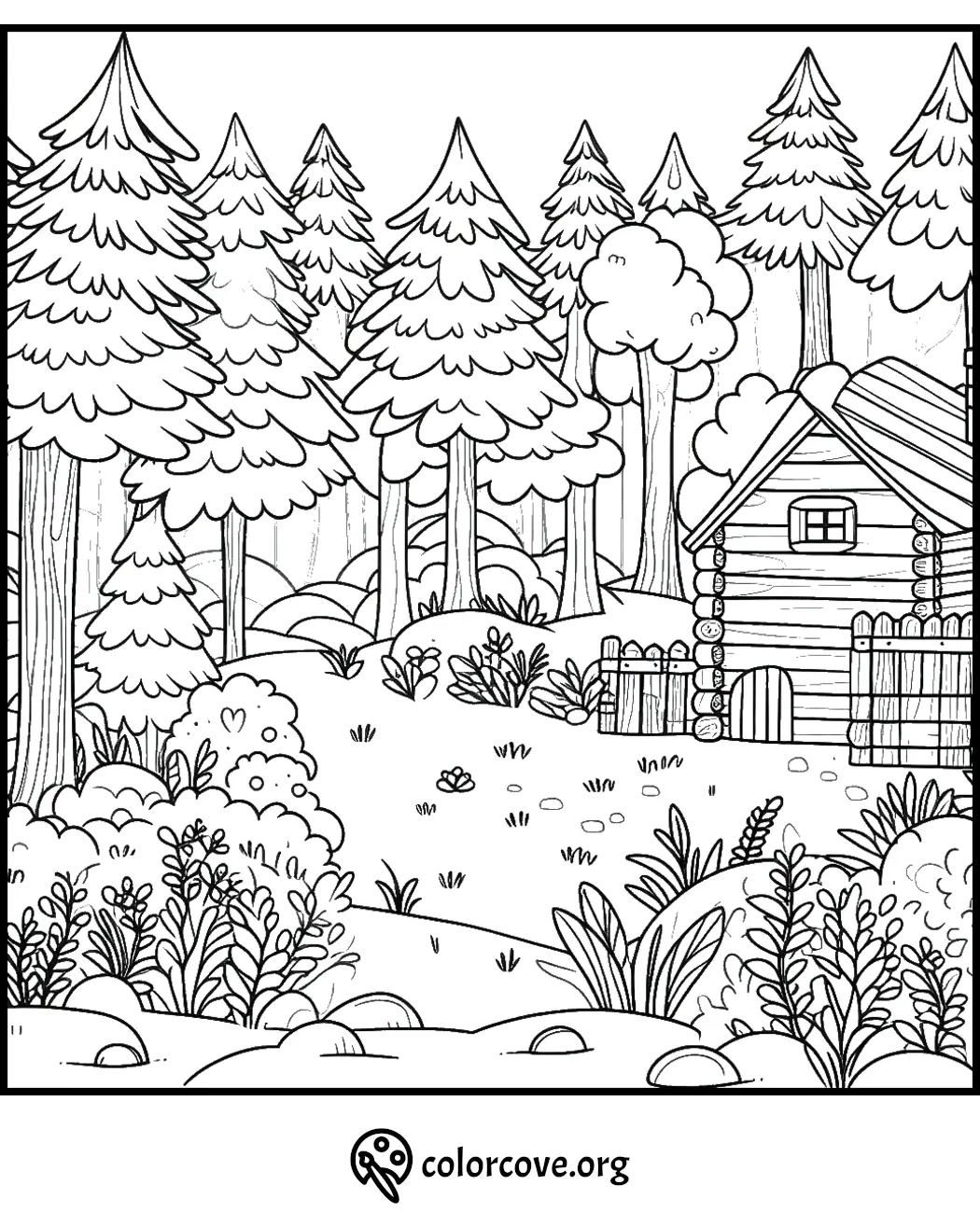 Coloring page of a cozy cabin surrounded by trees and plants in a peaceful forest setting. ColorCove.org logo in view.