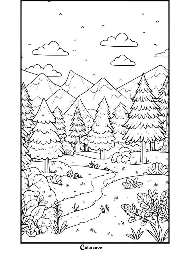 Coloriage de Forêt montrant un chemin sinueux à travers des pins et des montagnes.