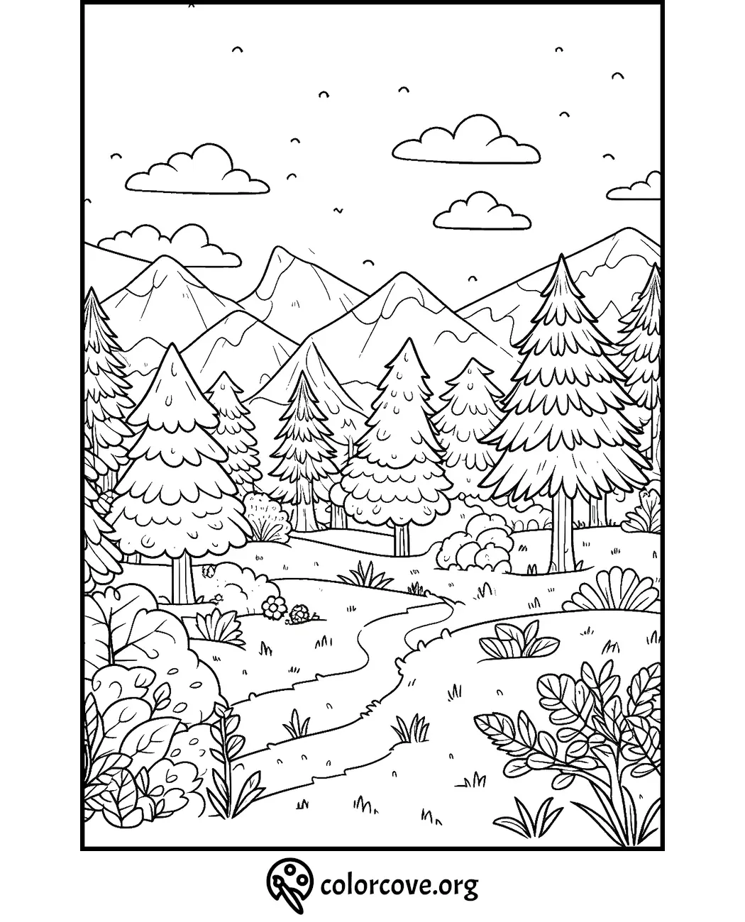 Mountain landscape coloring page with trees, clouds, and a winding path. Printable nature scene for kids and adults.