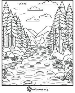 Coloring page of a tranquil forest scene with a flowing river, tall pine trees, mountains, and clouds in the sky at colorcove.org.