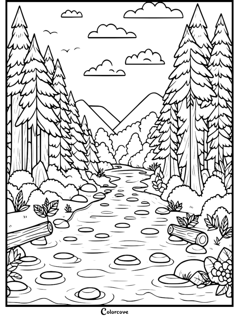 Coloriage gratuit de Forêt à imprimer, avec de hauts pins et une rivière sinueuse bordée de rochers.