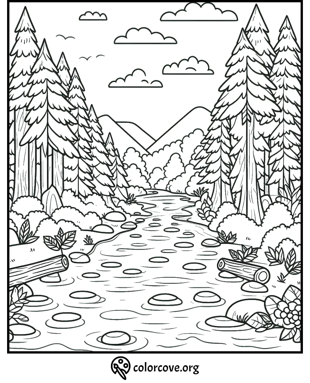 Coloring page of a tranquil forest scene with a flowing river, tall pine trees, mountains, and clouds in the sky at colorcove.org.