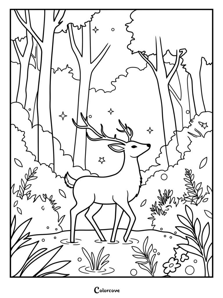 Un cerf majestueux dans un étang paisible en Forêt, entouré d'arbres, d'étoiles et de feuillage sur ce coloriage détaillé.