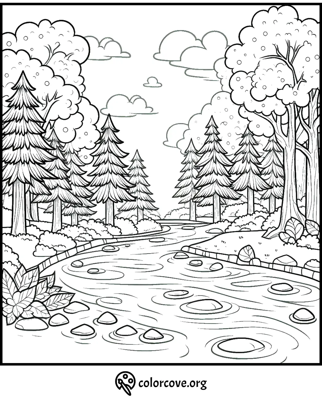 Coloring page of a serene river flowing through a lush forest with tall trees and plants, perfect for nature-themed coloring.