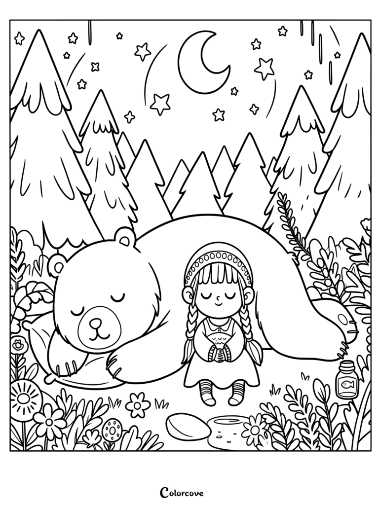 Un Coloriage de Forêt avec Masha et Michka dormant paisiblement ensemble sous la lune et les étoiles.