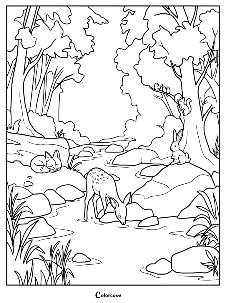 Un Coloriage à imprimer représentant un faon tacheté buvant à un ruisseau de Forêt, entouré d'un renard endormi, d'un lapin, d'oiseaux et d'un écureuil.