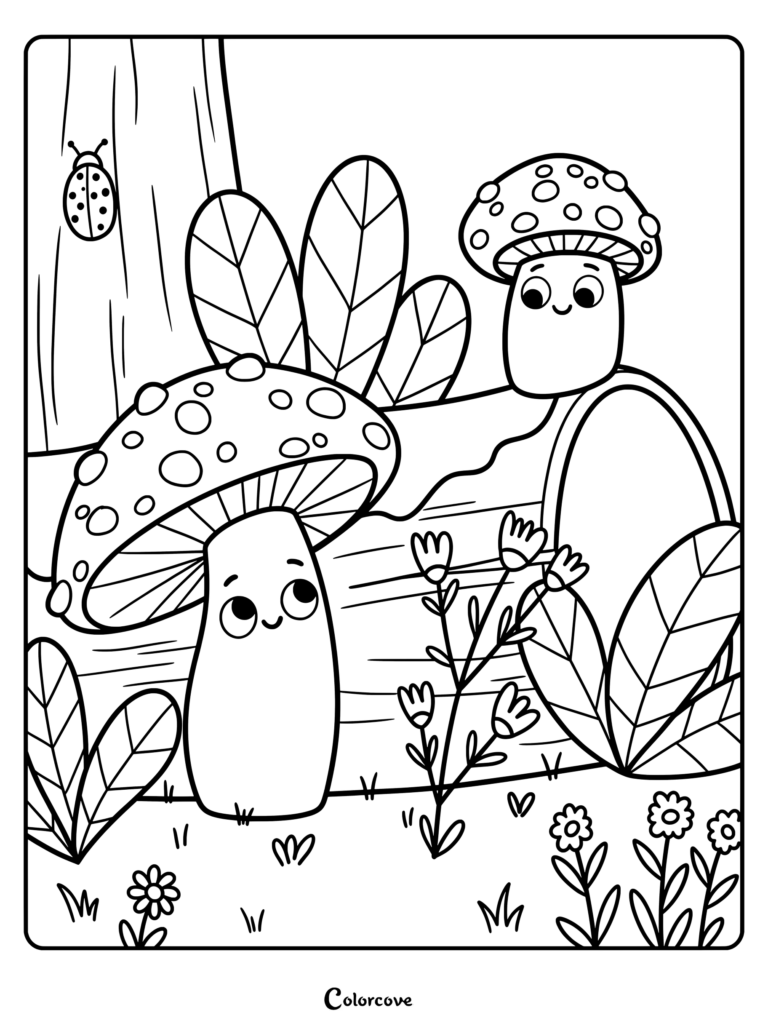 Coloriage de mignons champignons de Forêt avec des personnages souriants près d'une souche.