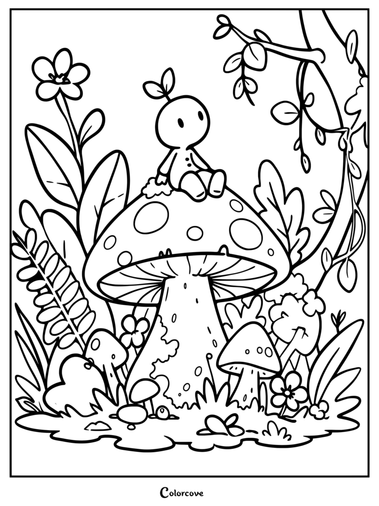 Coloriage d'un adorable petit esprit de Forêt avec une pousse sur la tête, assis sur un grand champignon tacheté entouré de feuillage.