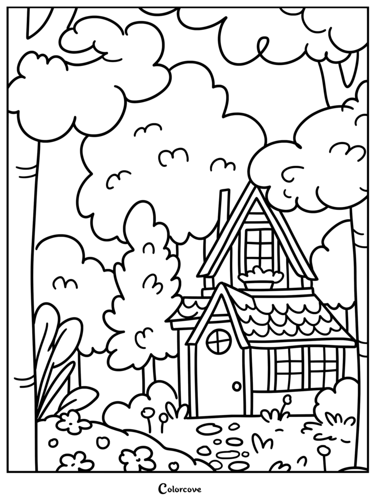 Coloriage d'une maison chaleureuse en Forêt avec un chalet féerique niché parmi les arbres, des fleurs et un chemin en pierre.