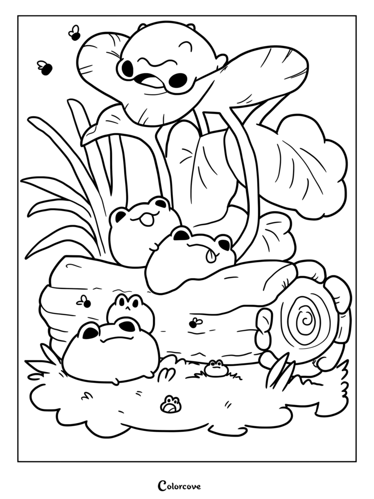 Un Coloriage à imprimer avec plusieurs adorables grenouilles se reposant sur une souche dans une Forêt luxuriante aux grandes feuilles.
