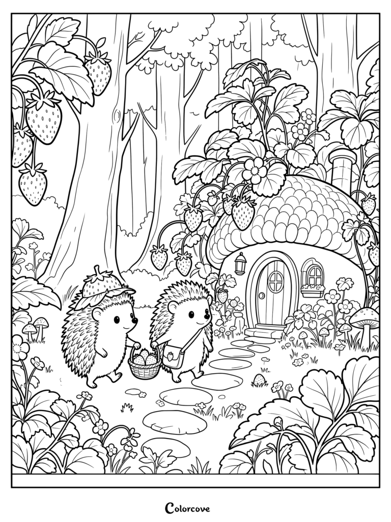 Two hedgehogs walk along a forest path towards a cottage.