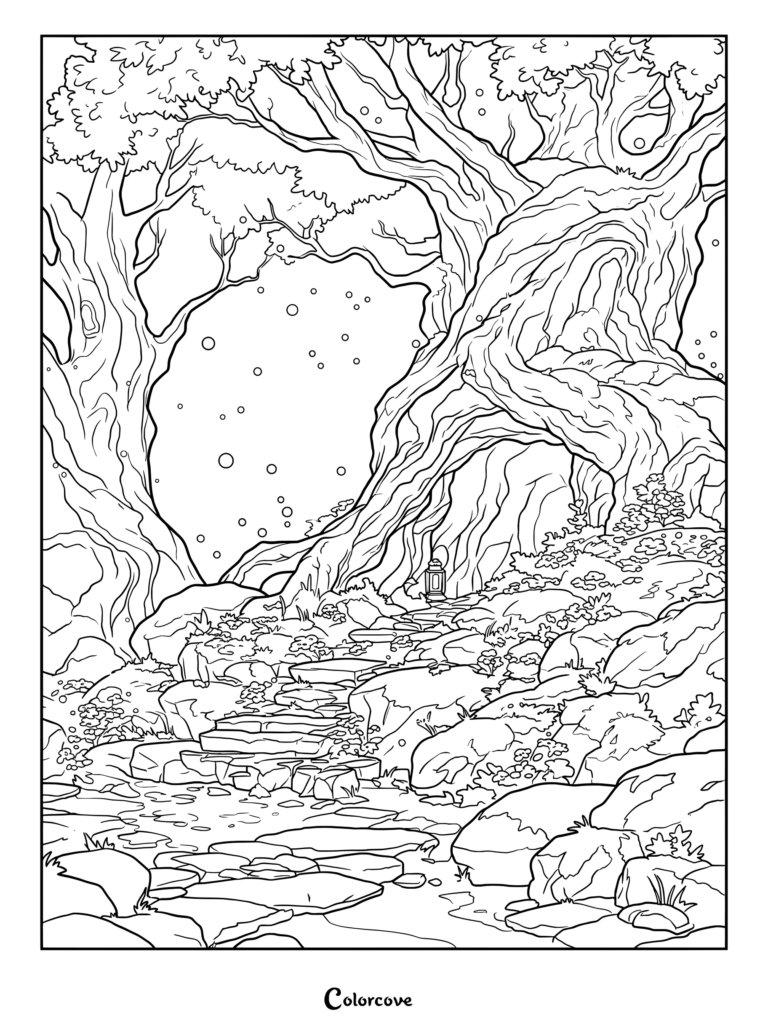 Coloriage détaillé d'une Forêt enchantée avec des arbres séculaires torsadés, un chemin de pierre, des orbes magiques lumineux et une petite lanterne.