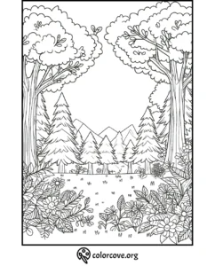 Coloring page of a peaceful forest scene with trees, flowers, and mountains in the background from colorcove.org.
