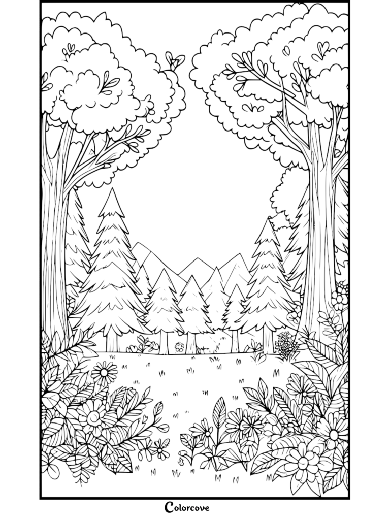 Coloriage gratuit de Forêt à imprimer, avec des arbres verdoyants, des sommets montagneux et des fleurs détaillées au premier plan.
