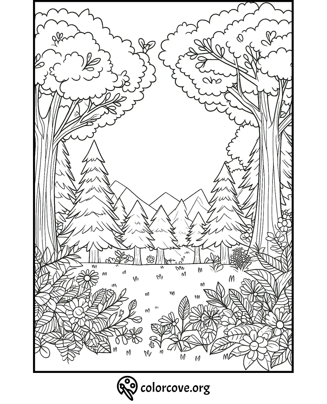 Coloring page of a peaceful forest scene with trees, flowers, and mountains in the background from colorcove.org.