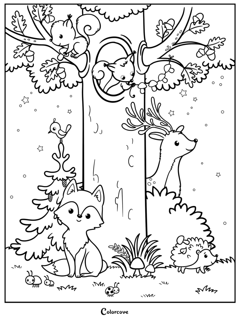 Cute woodland animals gather together in a magical forest scene.