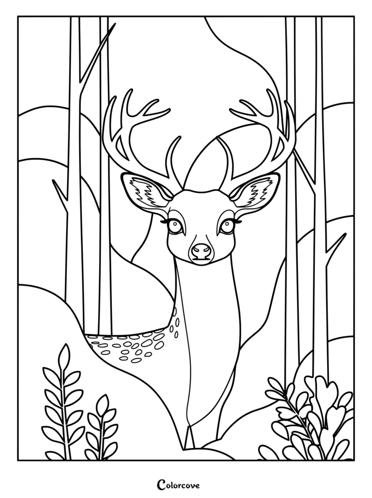 Un Coloriage à imprimer montrant un cerf majestueux aux grands bois se tenant parmi les arbres dans une Forêt.