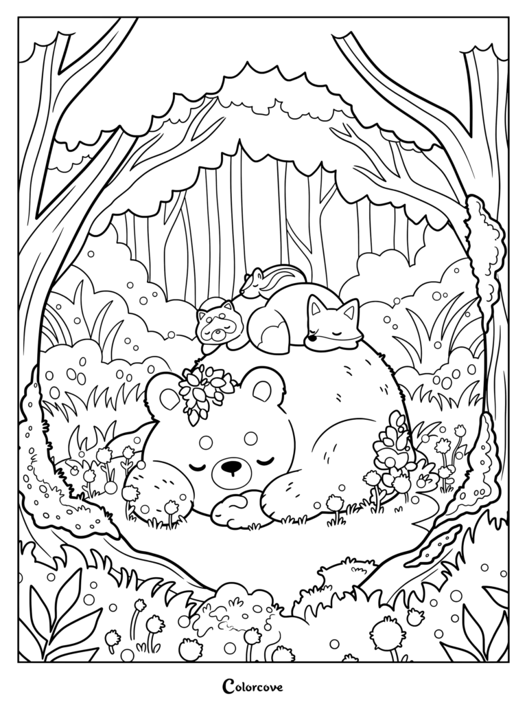 bear and woodland friends sleeping peacefully together in nature.