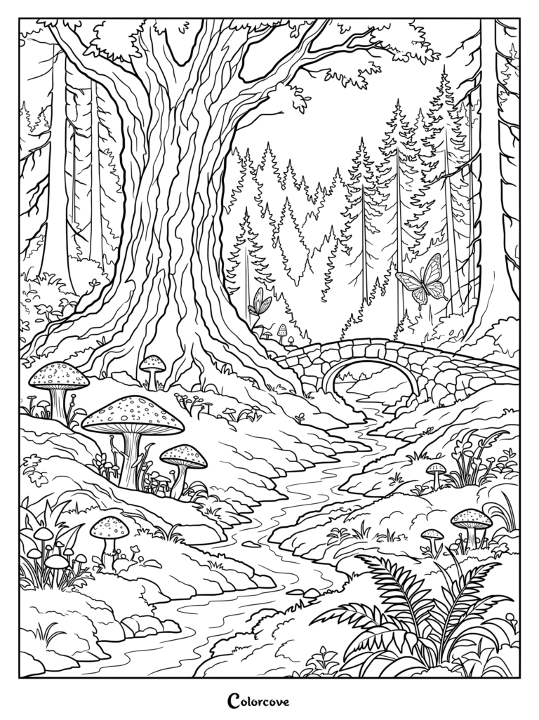Coloriage détaillé d'une Forêt enchantée avec un ruisseau sinueux, un arbre géant séculaire, des champignons, un pont en pierre et des papillons.