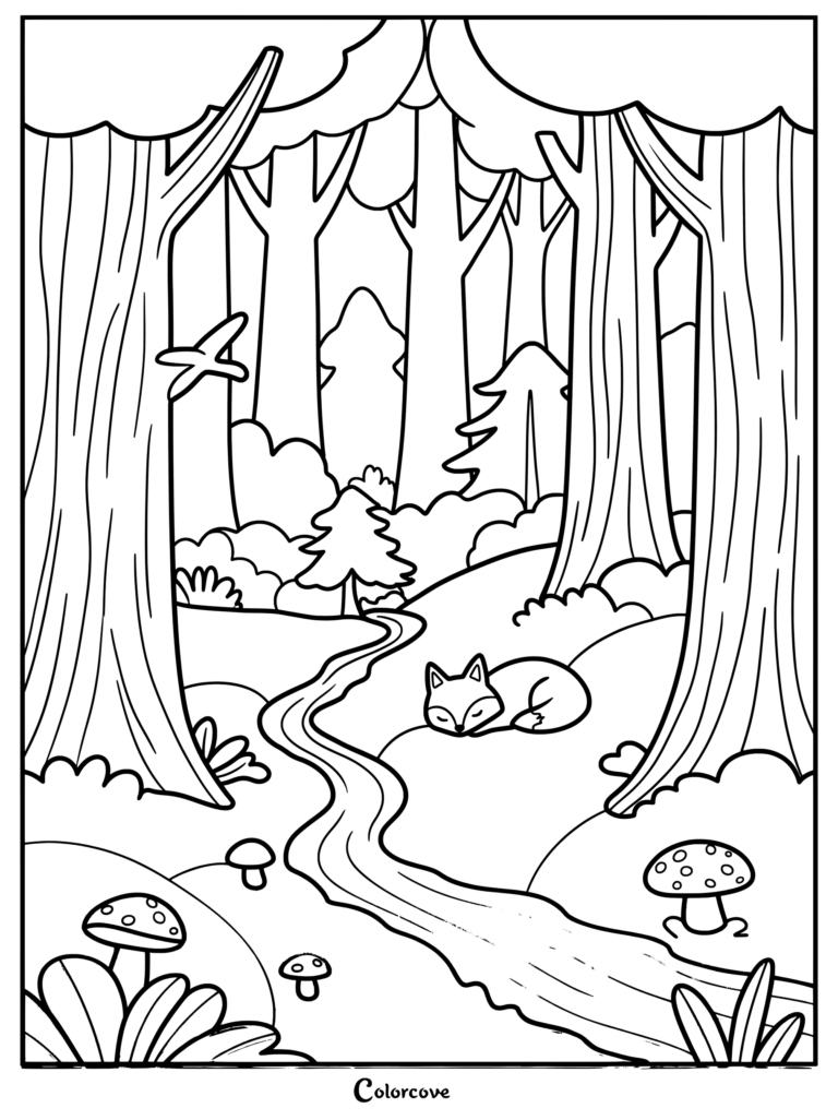 Un Coloriage de renard endormi au bord d'un ruisseau serpentant dans la Forêt.