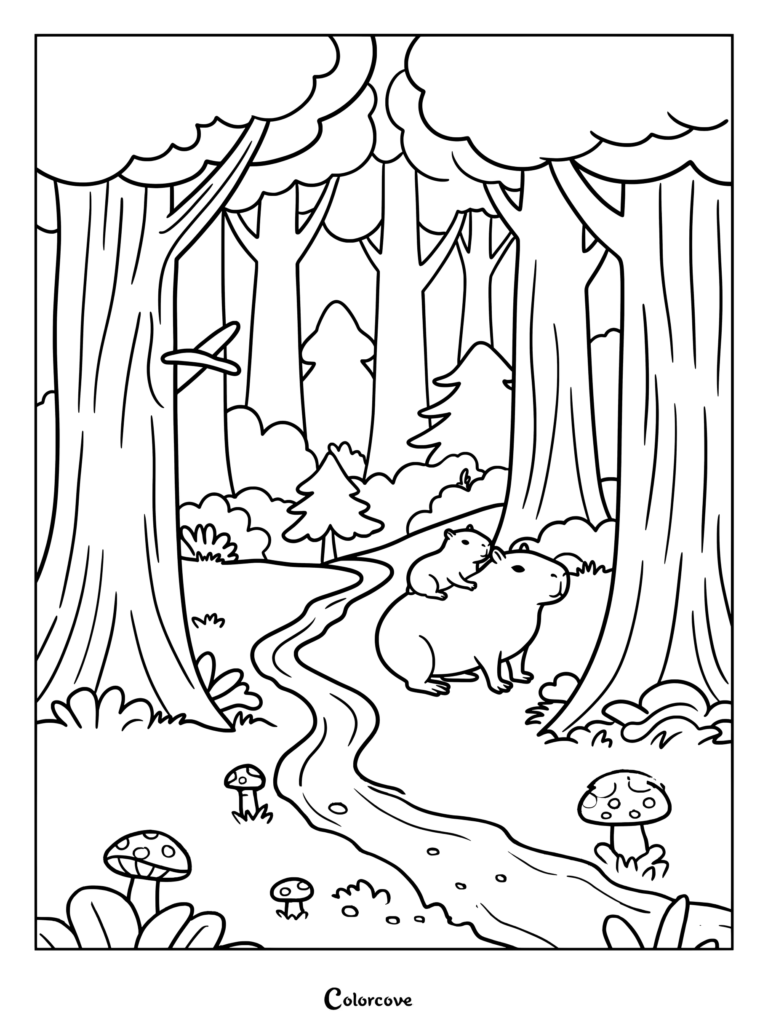 Un Coloriage de Forêt dense montrant un capybara avec son petit sur le dos près d'un ruisseau serpentant.
