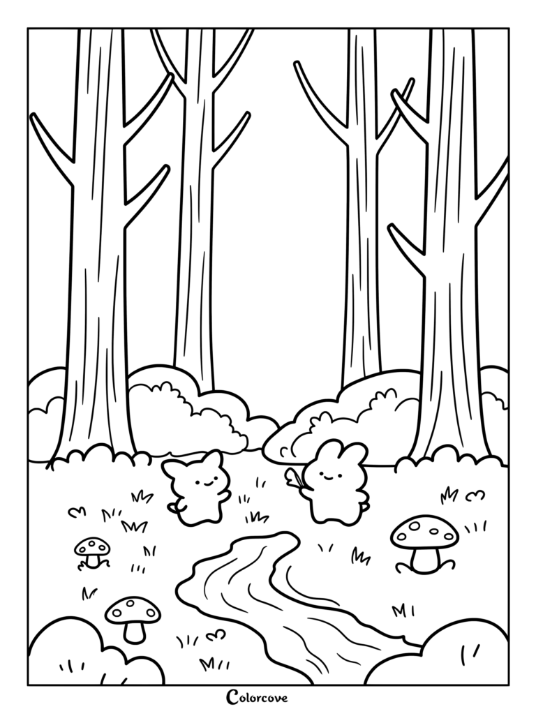 Un adorable Coloriage de Forêt montrant de petits animaux près d'un ruisseau avec des arbres et des champignons.