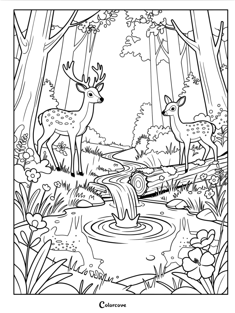Un Coloriage à imprimer montrant un cerf majestueux et une biche près d'une cascade de Forêt et d'un ruisseau entourés d'arbres, de feuillages et de fleurs.