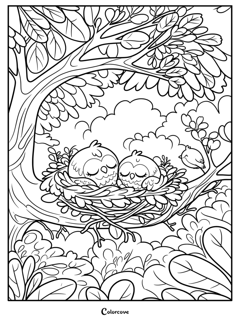 Un Coloriage de deux adorables bébés chouettes dormant paisiblement ensemble dans un nid feuillu sur une branche d'arbre de Forêt.