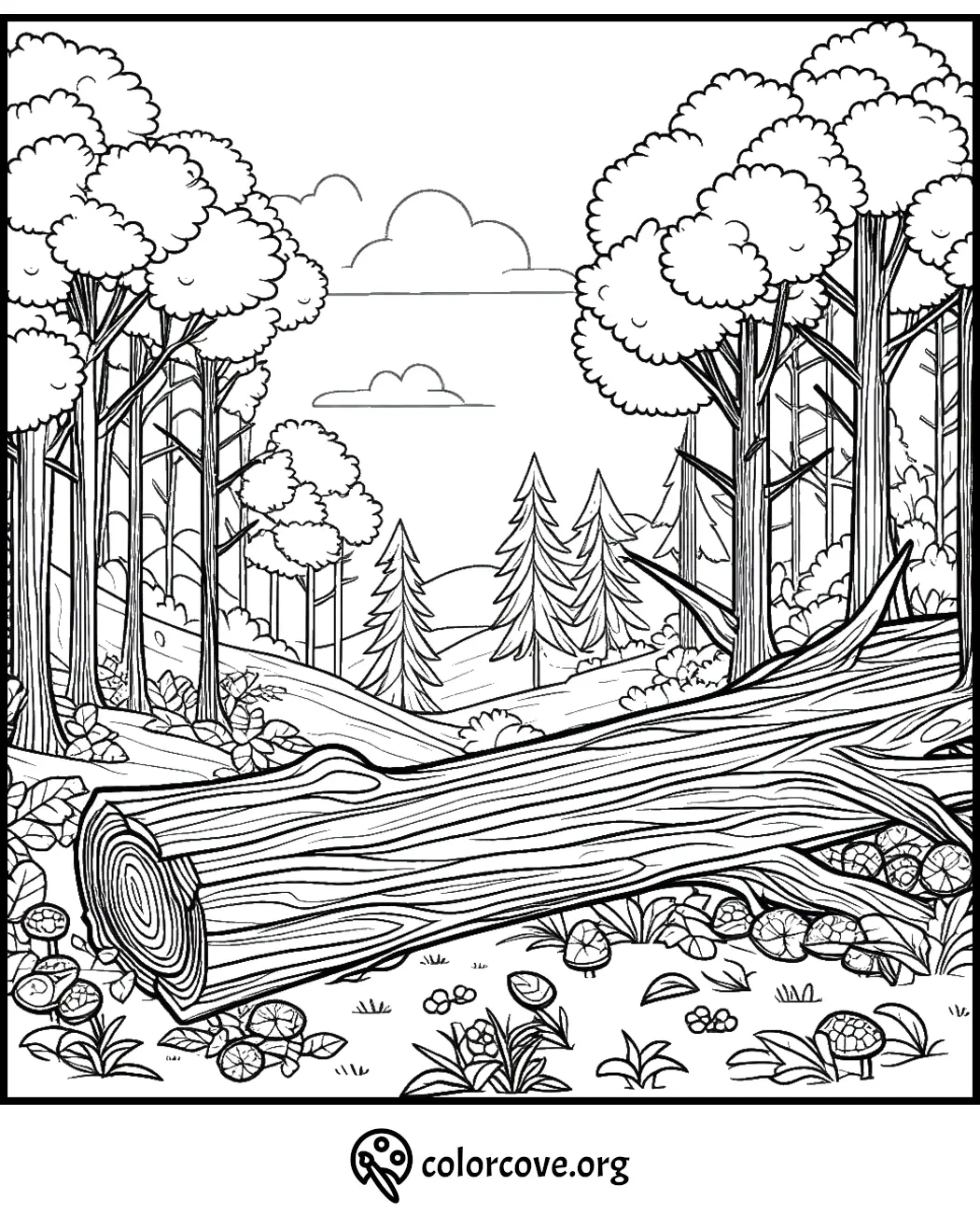 Coloring page of a serene forest scene with large fallen tree, mushrooms, wildflowers, and pine trees in the background.