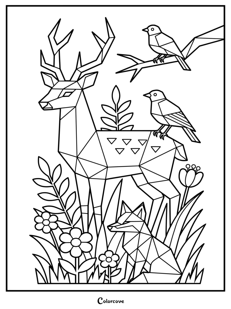 Un Coloriage géométrique de Forêt représentant un cerf stylisé, des oiseaux et un renard entourés de fleurs et de feuillages.
