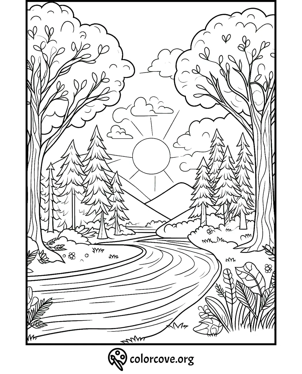 Serene river flowing through a forest with pine trees, mountains, and a sun overhead in a coloring page from colorcove.org.