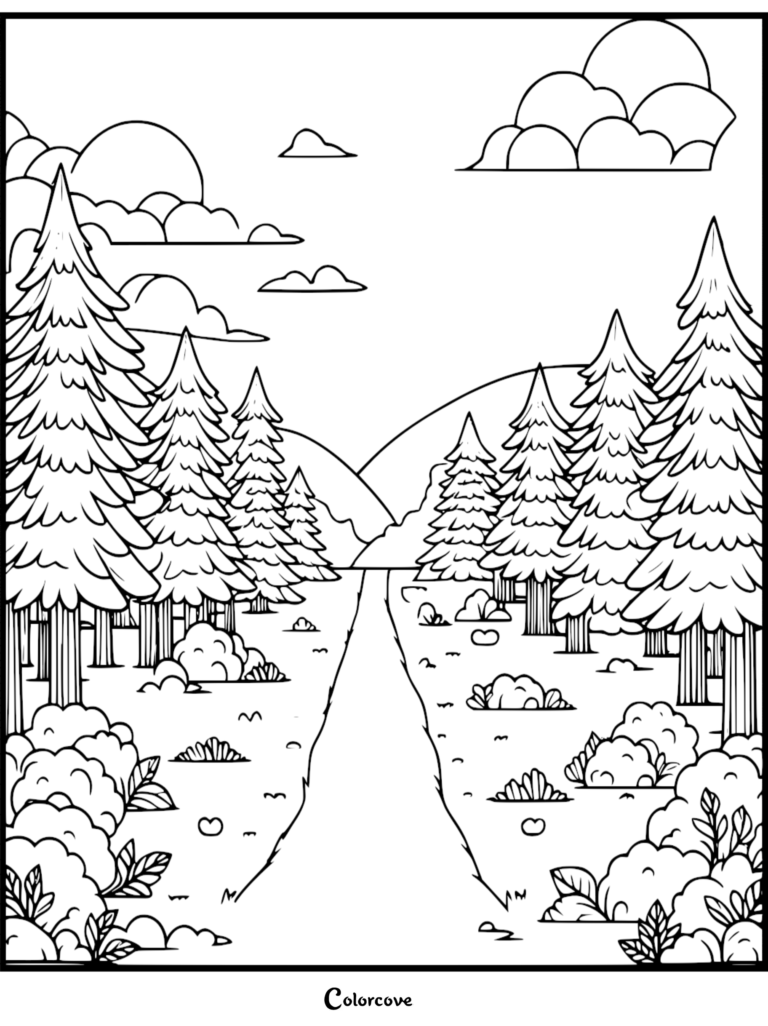 Coloriage gratuit de Forêt 6 à imprimer, montrant un chemin sinueux à travers des pins.
