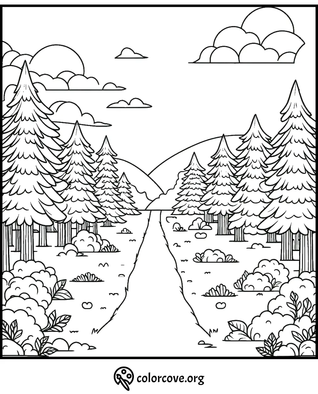 Forest path coloring page with trees, bushes, and clouds, printable landscape for kids and adults - colorcove.org.