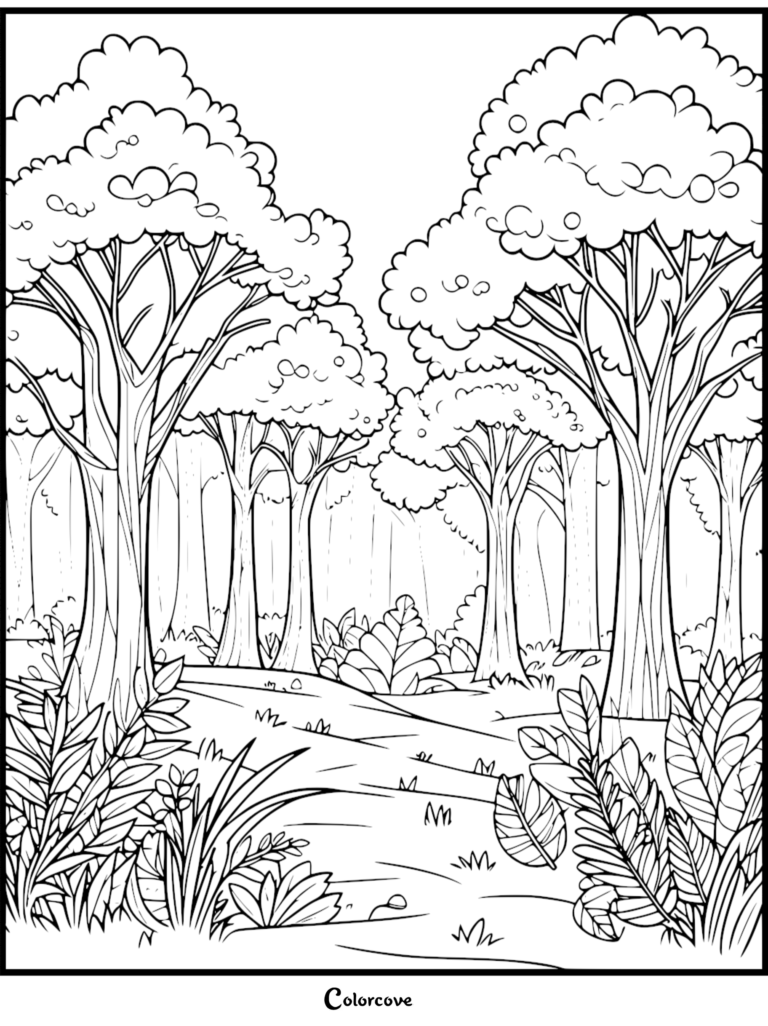 Coloriage gratuit de Forêt à imprimer, représentant un chemin sinueux à travers des arbres verdoyants et du feuillage.