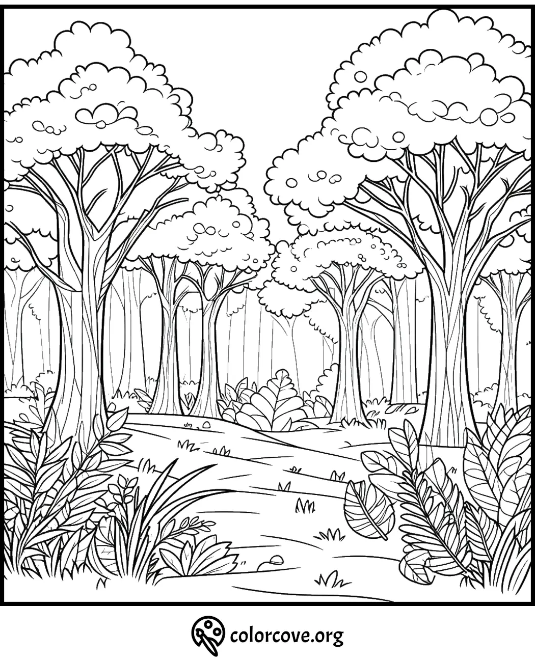 Forest coloring page with trees, bushes, and a clear path. Printable nature scene for kids and adults. Colorcove.org.