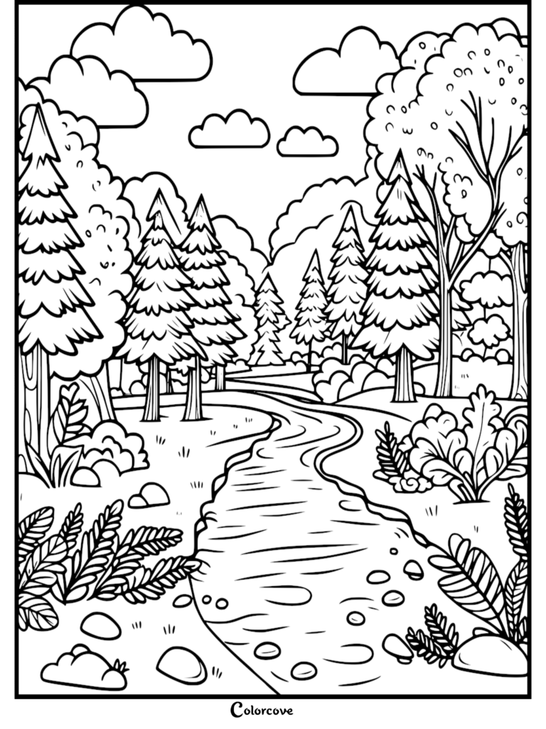 Coloriage de Forêt montrant une rivière sinueuse à travers des bois denses avec des pins et des nuages cotonneux.