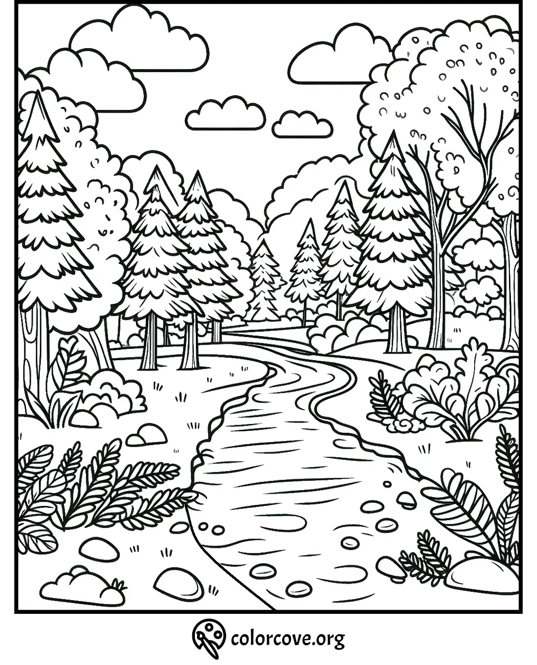 Nature-themed coloring page featuring a forest with trees, a meandering river, rocks, and clouds in the sky.