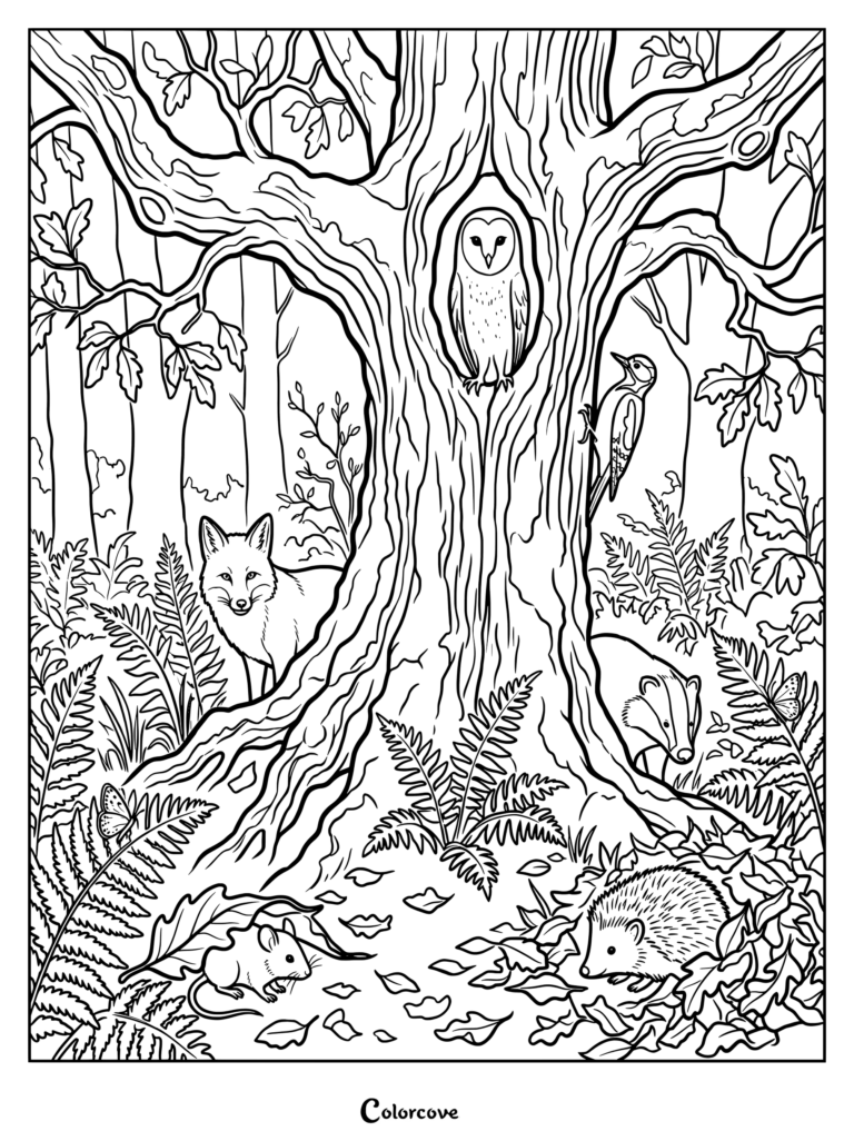 Forest animals gather around a large ancient oak tree.