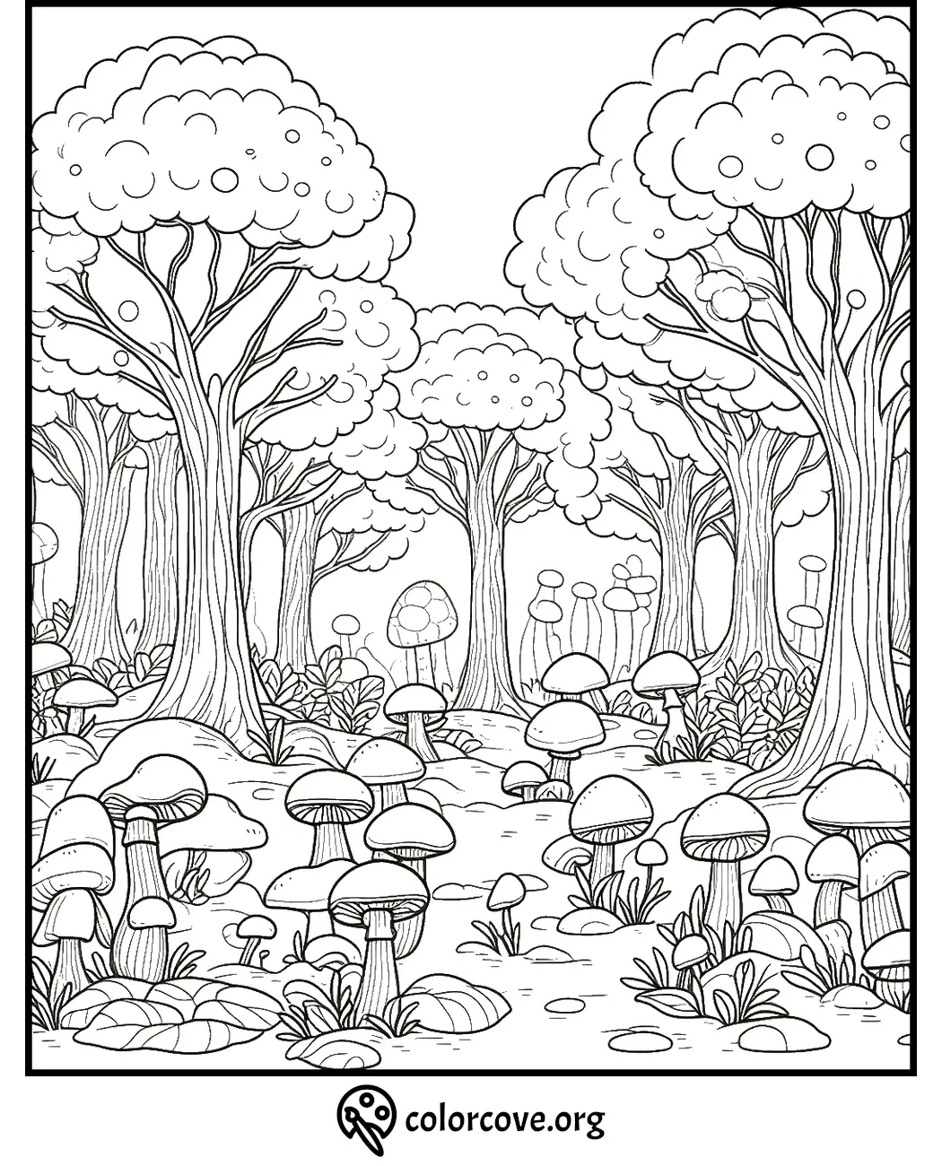 Coloring page featuring a forest scene with large trees and numerous mushrooms on the forest floor at colorcove.org.