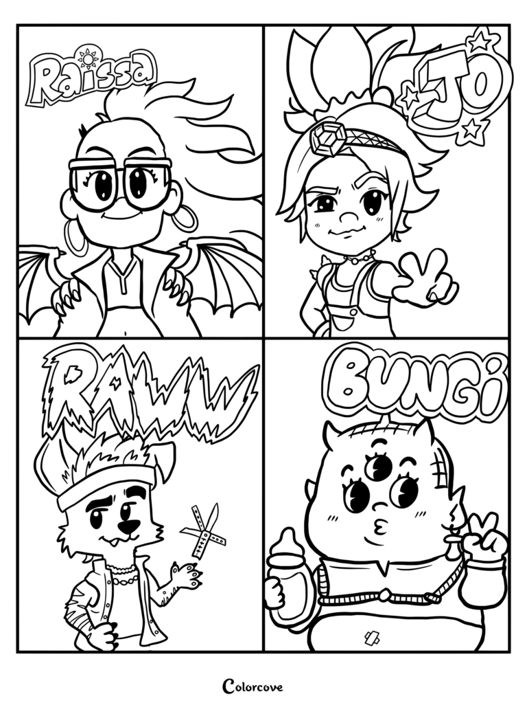 Page de coloriage gratuite à imprimer mettant en vedette Bungisngis, Raissa, Jo et Raww de Forgotten Island de DreamWorks dans une disposition dynamique à quatre panneaux.