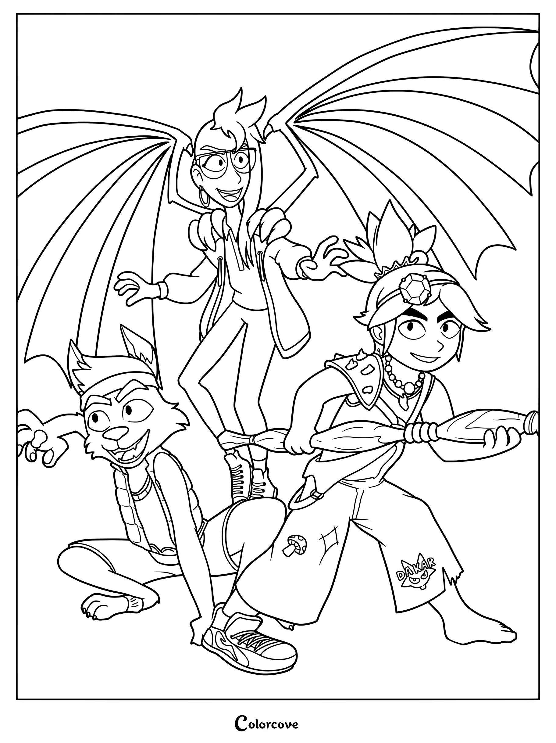 Page de coloriage de Raissa, Raww et Jo tirée de Forgotten Island.