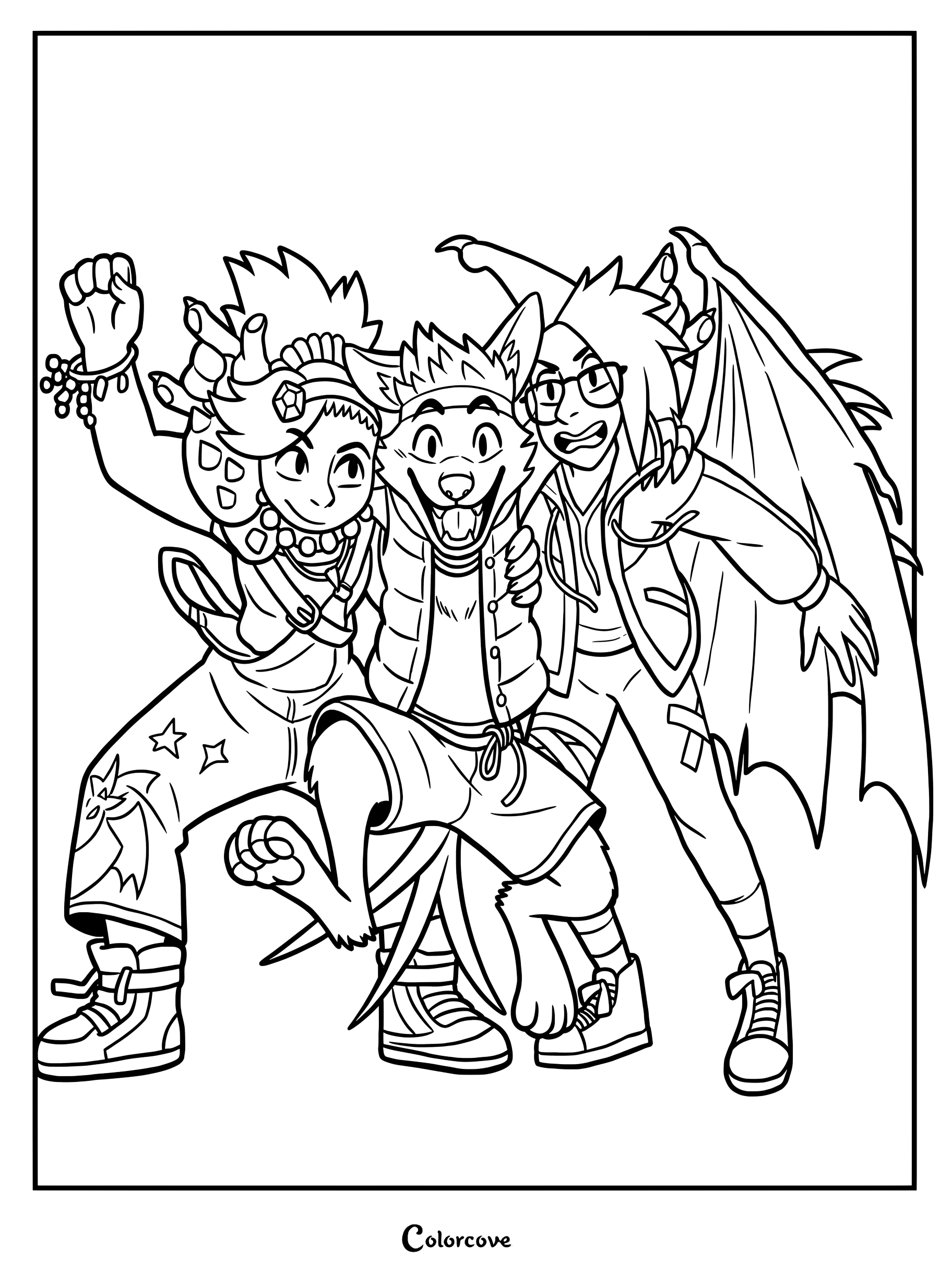 Raissa, Raww et Jo de Forgotten Island dans une pose de groupe joyeuse pour une page de coloriage à imprimer.