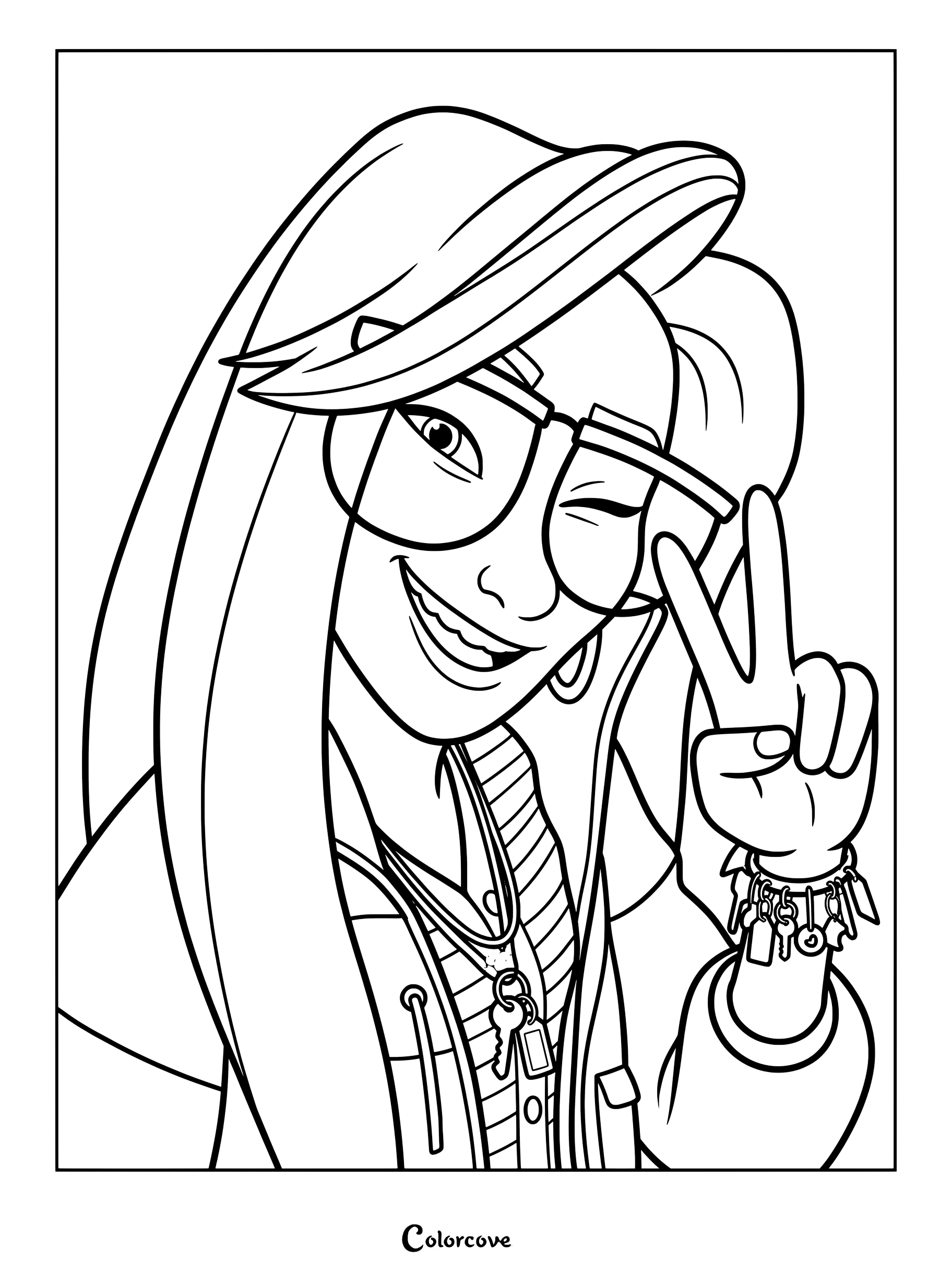 Page de coloriage de Raissa de Forgotten Island prenant une pose cool avec un signe de paix et des lunettes stylées.