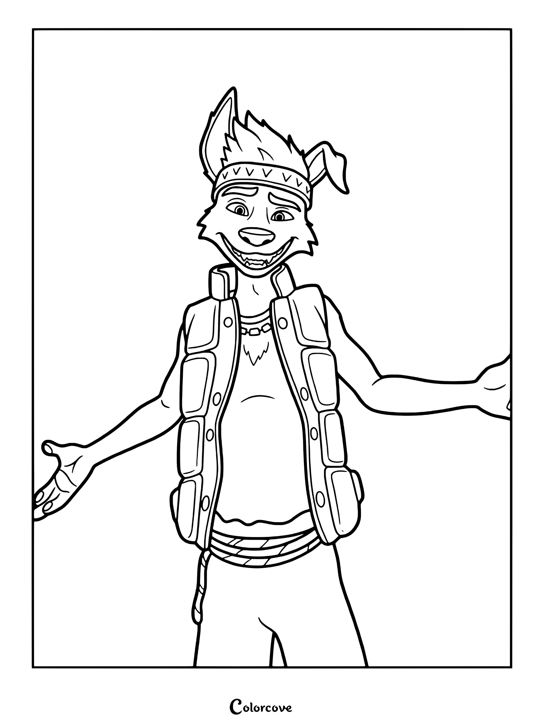 Page de coloriage à imprimer de Raww, le were-aspin métamorphe du film fantastique animé Forgotten Island, portant un gilet zippé et un bandeau avec les bras tendus.