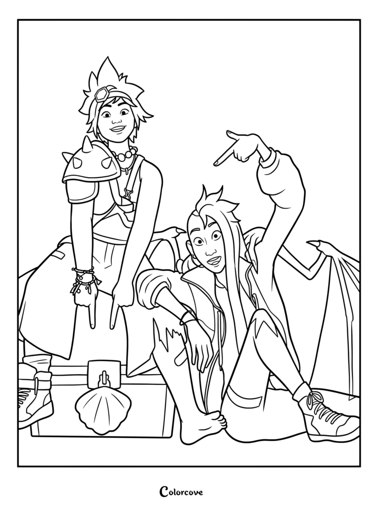 Une page de coloriage à imprimer représentant Raissa et Jo du film d'animation Forgotten Island de DreamWorks Animation, assises ensemble et pointant vers le bas en direction d'un coffre mystique.