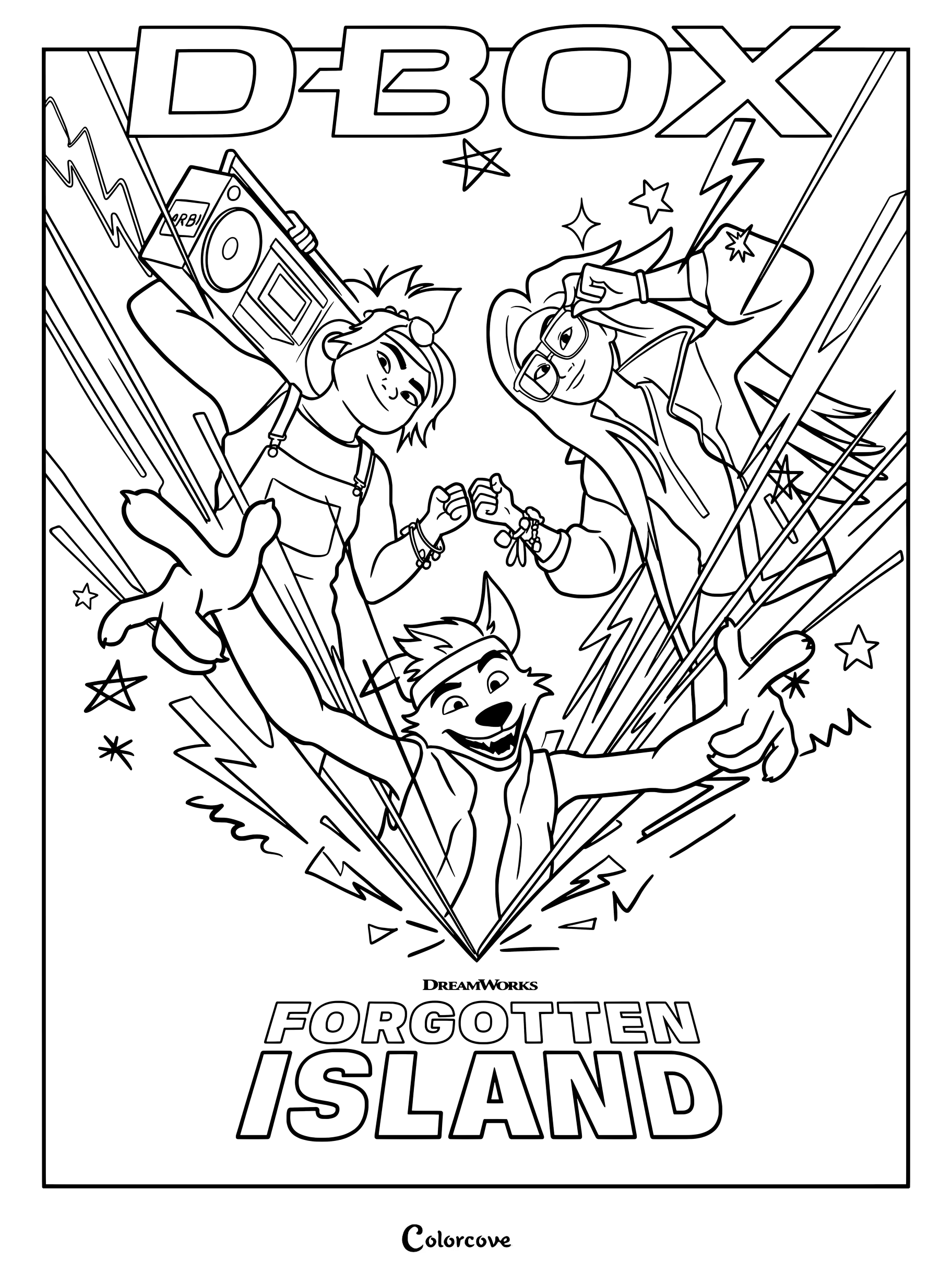 Page de coloriage d'affiche promotionnelle D-BOX pour le film d'animation de DreamWorks Forgotten Island, mettant en vedette Josephine 'Jo' Yuson, Raissa Molina et Raww.