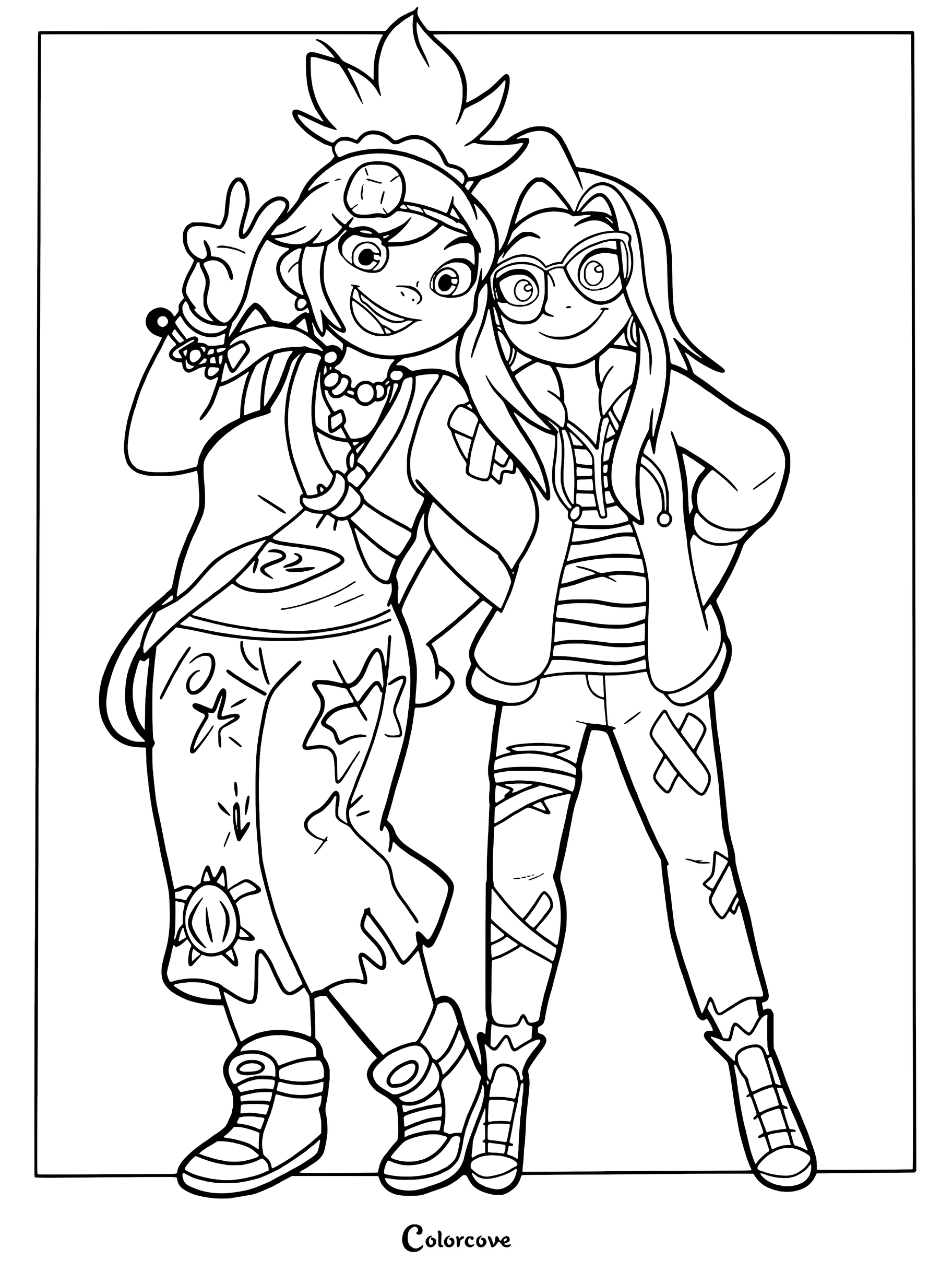 Page de coloriage de fan-art de Jo et Raissa du film d'animation de DreamWorks Forgotten Island.
